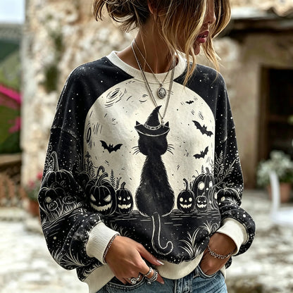 Women's Halloween Retro Witch Black Cat Moon Pumpkin Bat Pattern Distressed Loose Casual Top