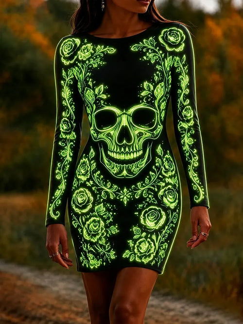 Women's Halloween Dark Gothic Neon Skull Art Crew Neck Long Sleeve Dress