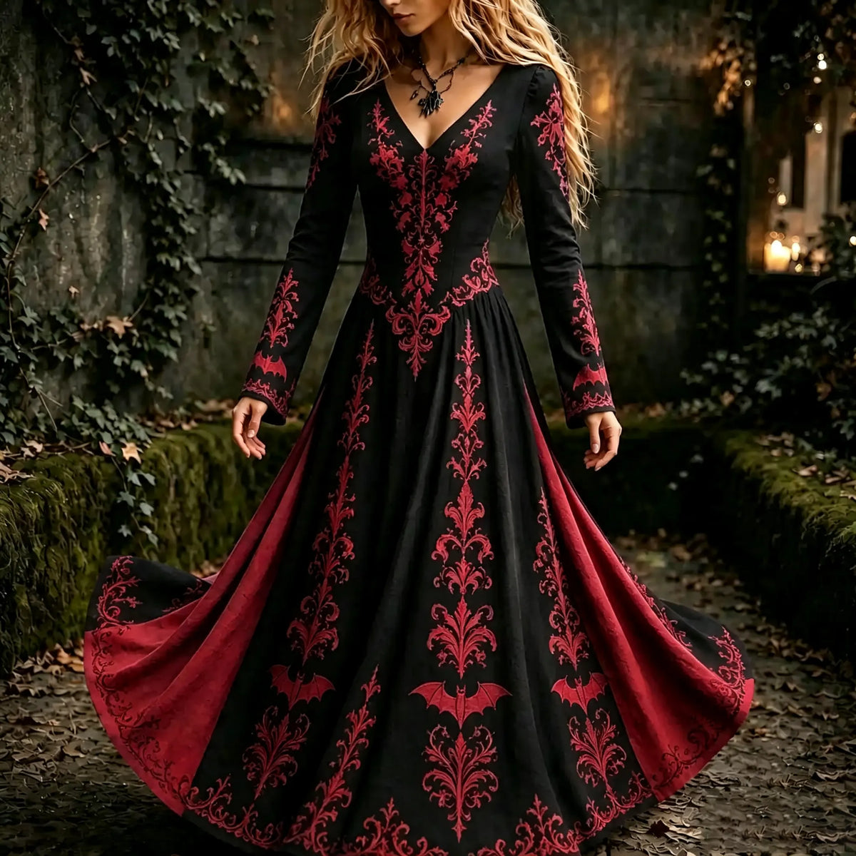 Women's Halloween Gothic Floral Bat Pattern Print V-neck Maxi Dress