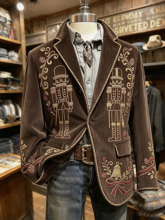 Men'S Retro Christmas Printed Long Sleeved Corduroy Blazer