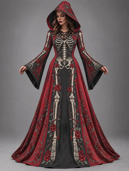 Women's Halloween Gothic Skeleton & Floral Long-sleeve Hooded Long Dress