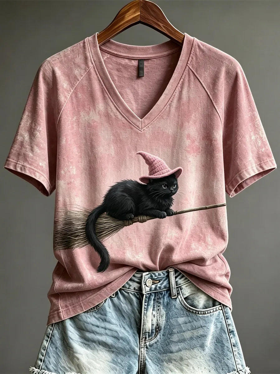 Women's Halloween Flying Fuzzy Witch Cat  Print Short-sleeved T-shirt