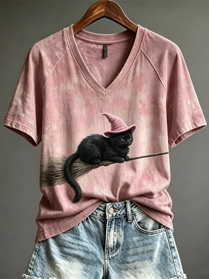 Women's Halloween Flying Fuzzy Witch Cat  Print Short-sleeved T-shirt