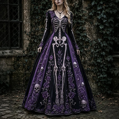 Women's Halloween Gothic Skeleton & Rose Art V-neck Maxi Dress
