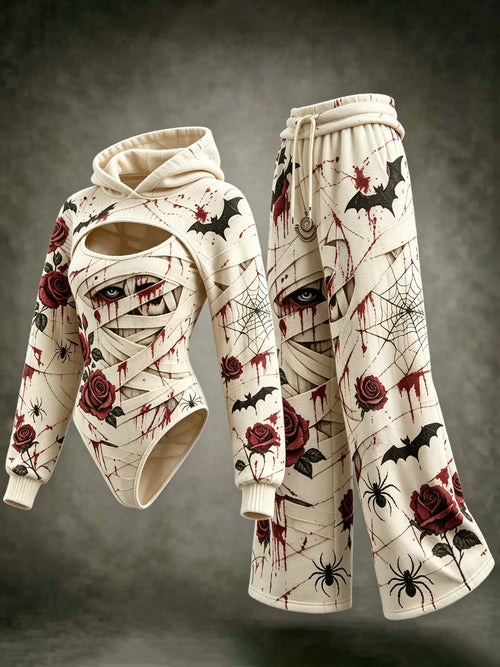 Women's Halloween Floral Bat Spider Web Rose Print Hooded Three-piece Set
