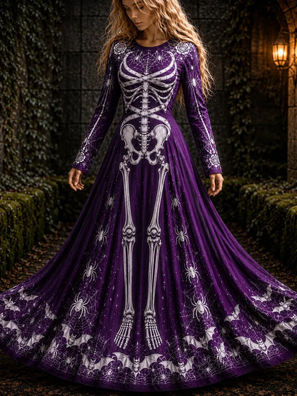 Women's Long-sleeve Maxi Dress Featuring Full Human Skeleton, Spiderwebs, And Bats