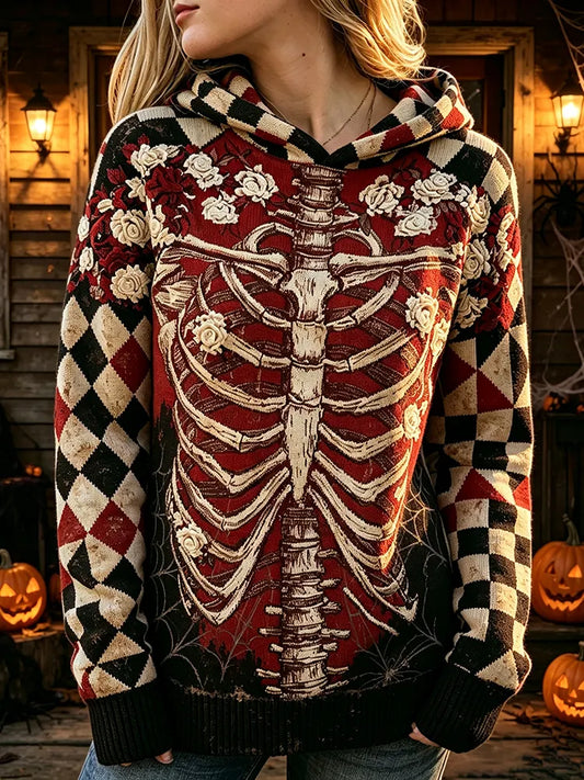 Women's Vintage Halloween Skeleton Poker Flowers Print Cozy Art Knit Hooded Sweater