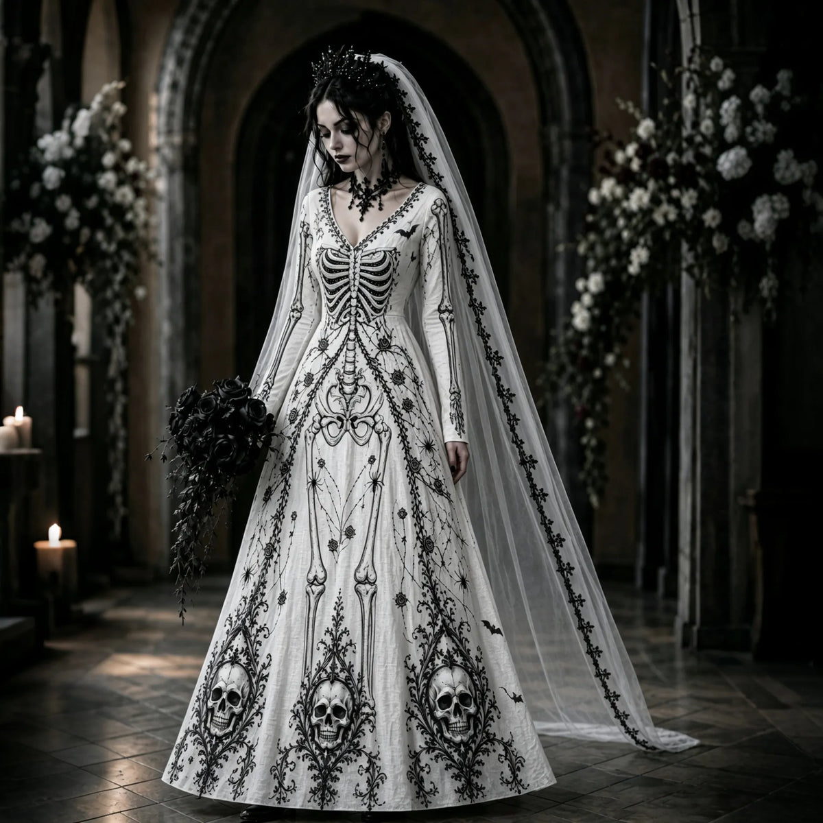 Women's Retro Halloween Gothic Skeleton Art V-neck Maxi Dress