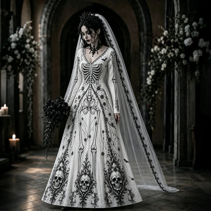 Women's Retro Halloween Gothic Skeleton Art V-neck Maxi Dress