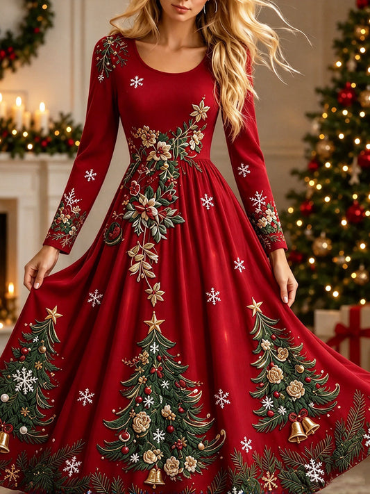 Women's Christmas Art Long-Sleeved Maxi Dress - As shown