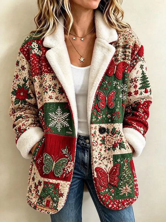 Women'S Butterfly and Floral-Themed Vintage Patchwork Sheepskin Coat