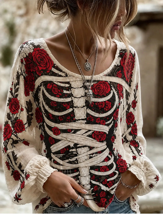 Women's Retro Halloween Bloody Human Skeleton With Floral Art Casual Long Sleeve Tops