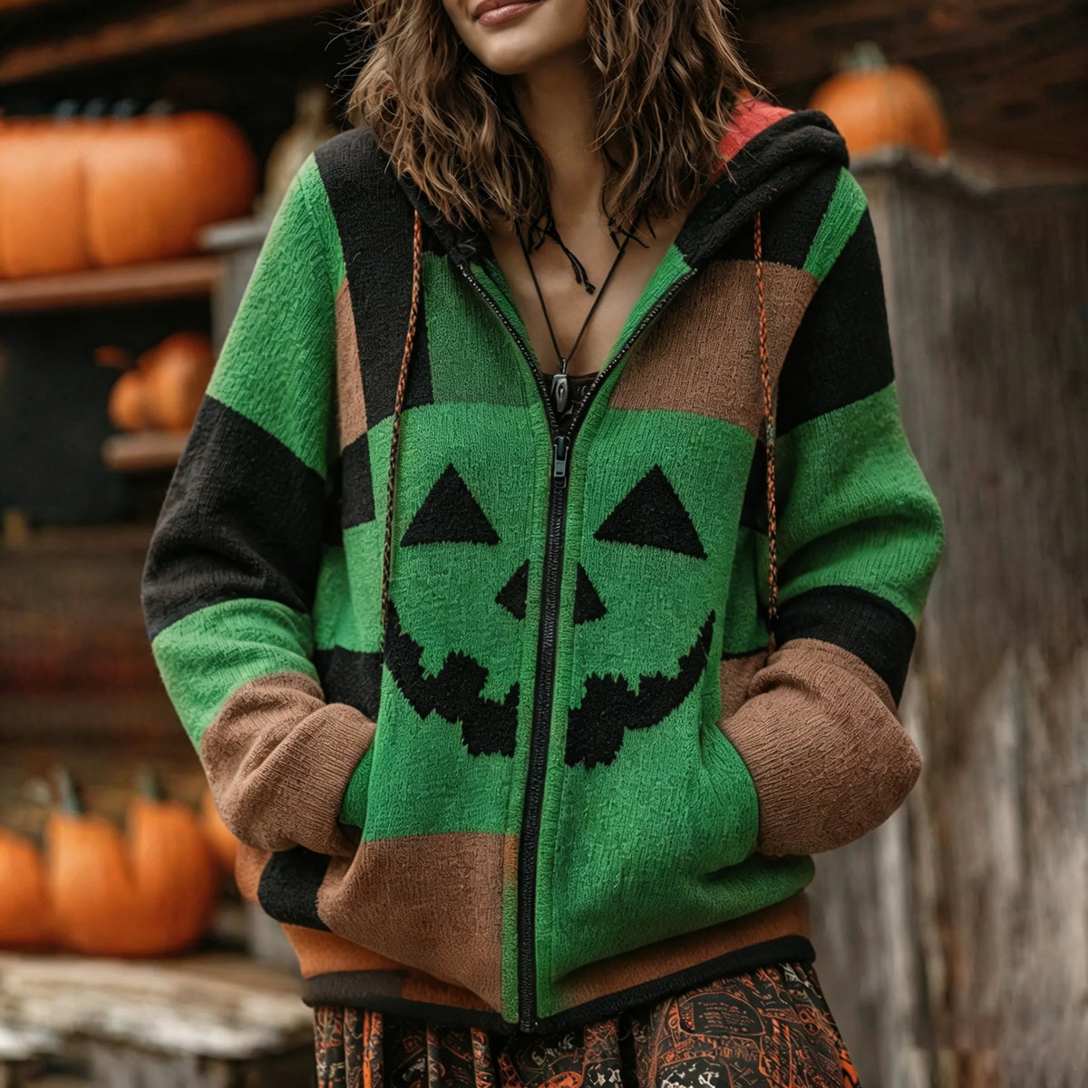 Patchwork Halloween Pumpkin Face Art  Cozy Knit Hooded Cardigan