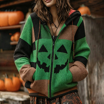 Patchwork Halloween Pumpkin Face Art  Cozy Knit Hooded Cardigan