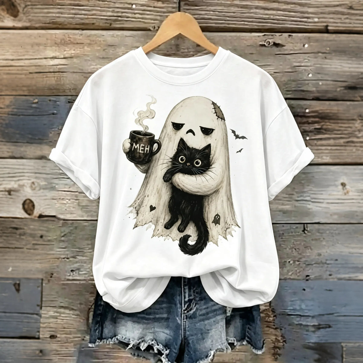 Abstract Creative Ghost Cat Spooky Black Cat Graphic Funny Introvert Halloween Coffee Lover Casual T-shirt
