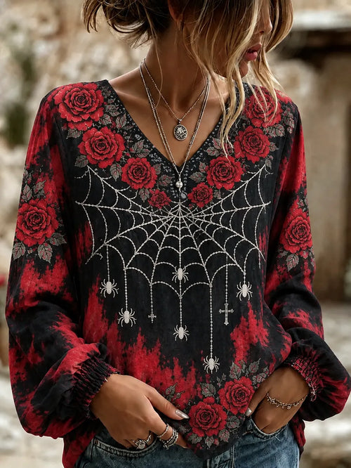 Women's Rose Flowers Spider Web Art Print Flowy Linen Blend Long Sleeve Casual Tops