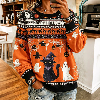 Retro Halloween Black Cat Pumpkin Ghost Retro Print Crew Neck Sweatshirt