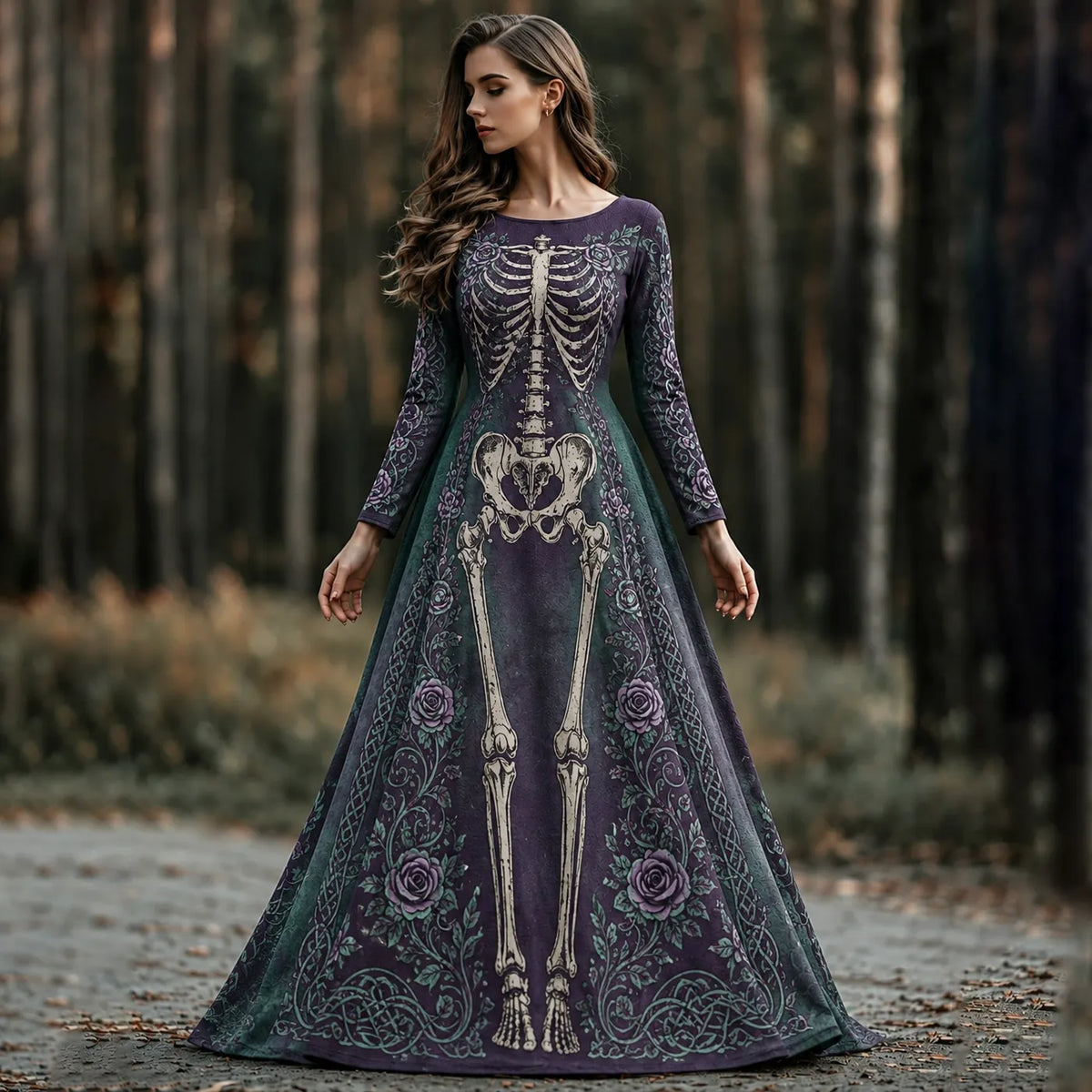 Women's Retro Halloween Gothic Skeleton And Floral Celtic Pattern Crew Neck Dress