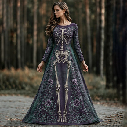 Women's Retro Halloween Gothic Skeleton And Floral Celtic Pattern Crew Neck Dress