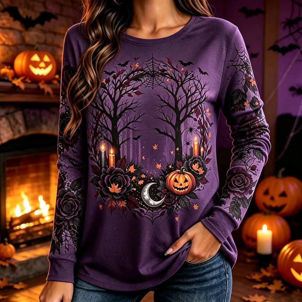 Women's Halloween Spooky Pumpkin And Rose Print Long-sleeve Casual Sweatshirt