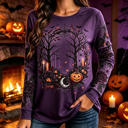 Women's Halloween Spooky Pumpkin And Rose Print Long-sleeve Casual Sweatshirt