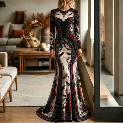 Women's Halloween Gothic Style Bat Red Rose Pattern Velvet Long Dress