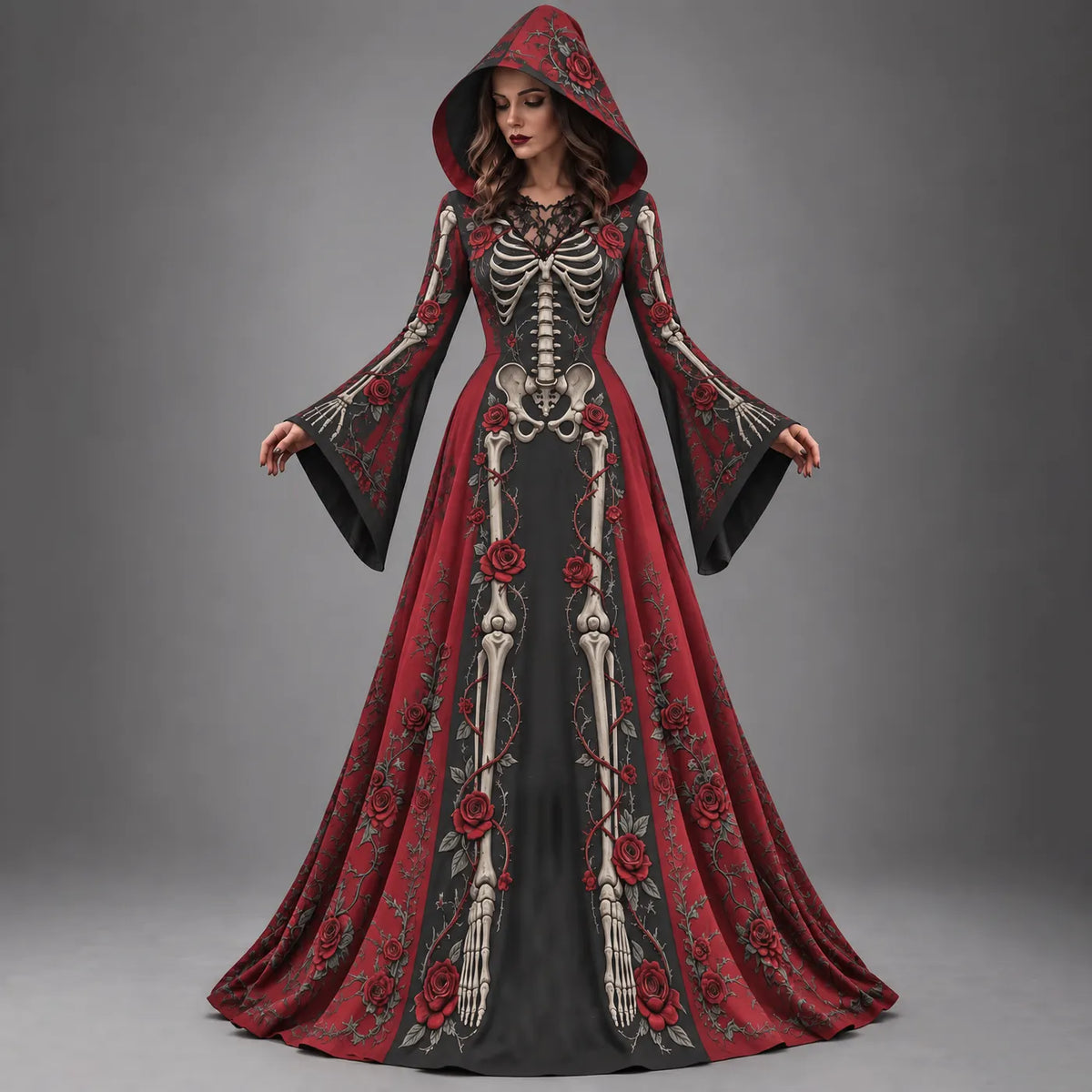 Women's Halloween Gothic Skeleton & Floral Long-sleeve Hooded Long Dress