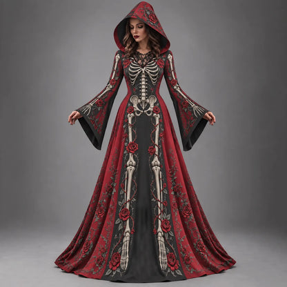 Women's Halloween Gothic Skeleton & Floral Long-sleeve Hooded Long Dress