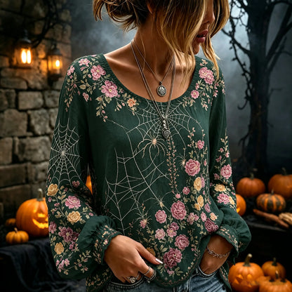 Women's Flowers Spider Web Art Print Flowy Linen Blend Long Sleeve Casual Tops