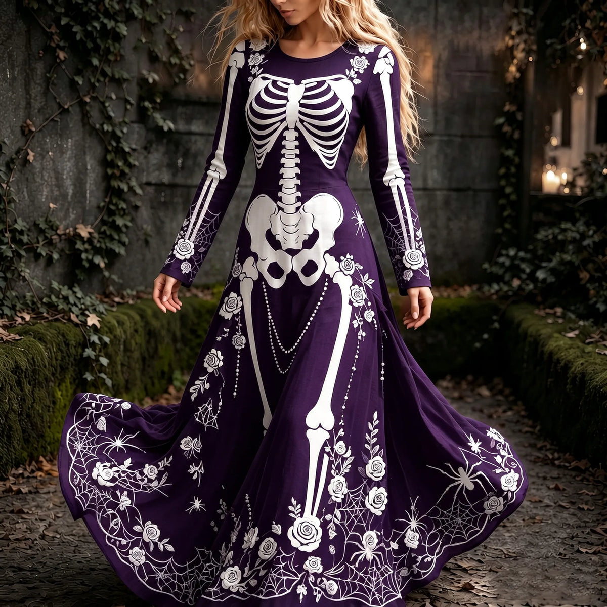 Women's Retro Gothic Spider Skull Floral Pattern Mixi Halloween Dress