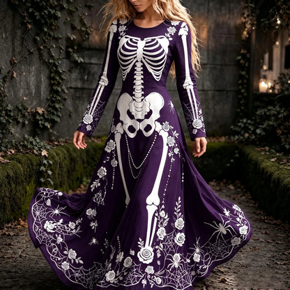 Women's Retro Gothic Spider Skull Floral Pattern Mixi Halloween Dress