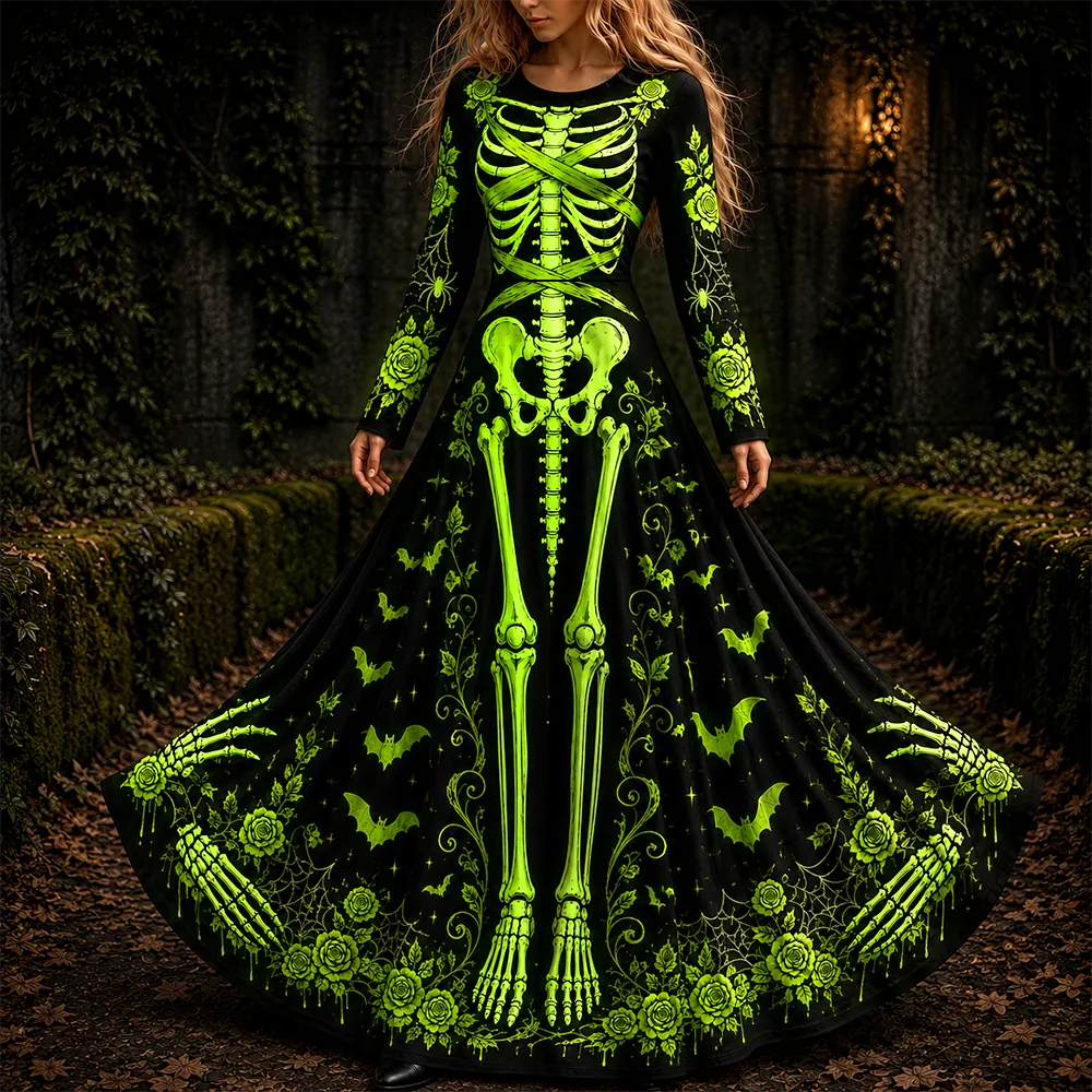 Women's Long-sleeve Maxi Dress Featuring Full Human Skeleton And Rose Vines Print