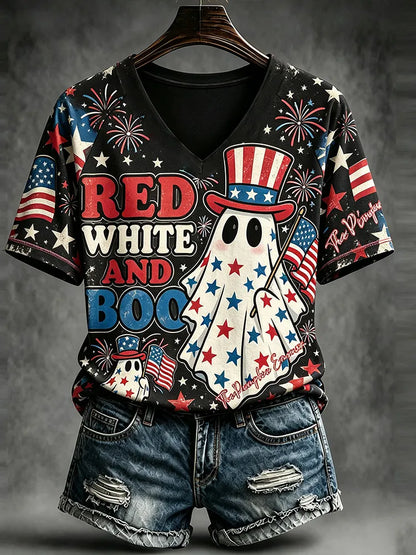 Women's Vintage Halloween Ghost And American Elements Fun Print Casual V-neck T-shirt