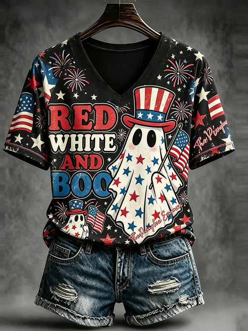 Women's Vintage Halloween Ghost And American Elements Fun Print Casual V-neck T-shirt