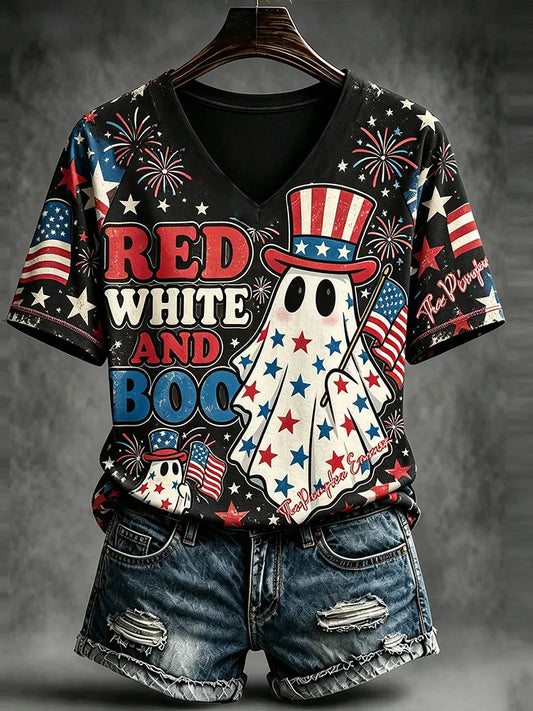 Women's Vintage Halloween Ghost And American Elements Fun Print Casual V-neck T-shirt