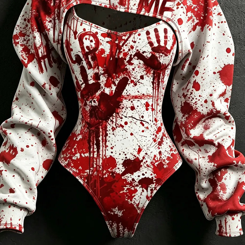 Women's Retro Halloween Bloodstain Help Handprint Print Hoodie Two-piece Set