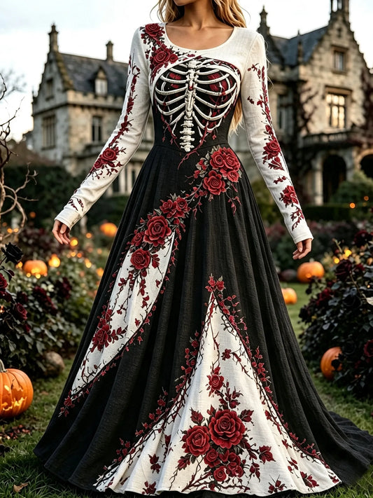 Women's Vintage Halloween Gothic Skeleton Roses Art Print Long Sleeve Linen Maxi Dress