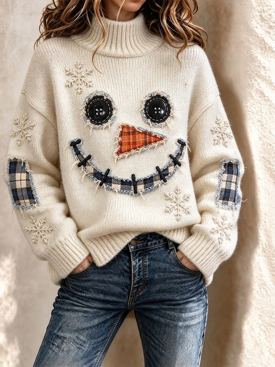 Ladies' Christmas Snowman Pattern High Neck Knitted Shirt