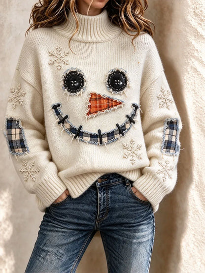 Ladies' Christmas Snowman Pattern High Neck Knitted Shirt