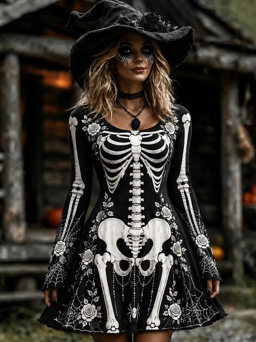 Women's Halloween Skull And Floral Gothic Patterns Art Round-neck Mini Dress