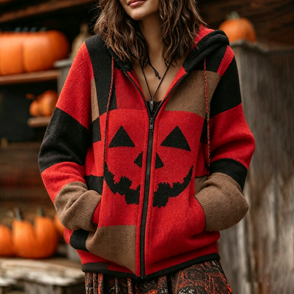 Patchwork Halloween Pumpkin Face Art  Cozy Knit Hooded Cardigan