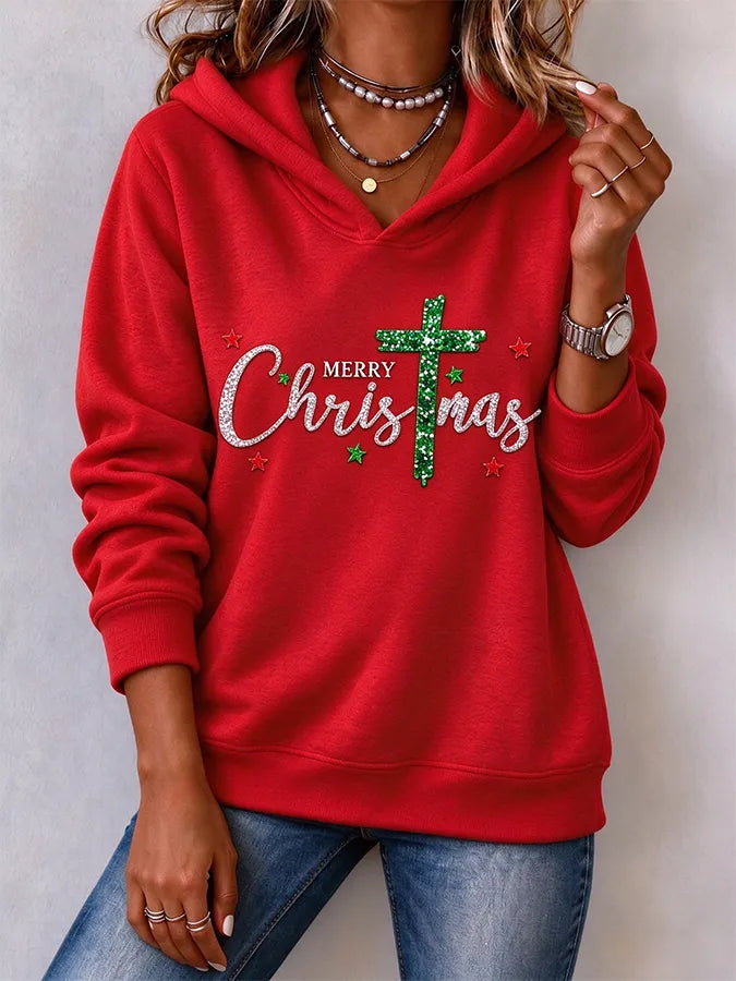 Women'S Christmas Faith Cross Print Hoodie