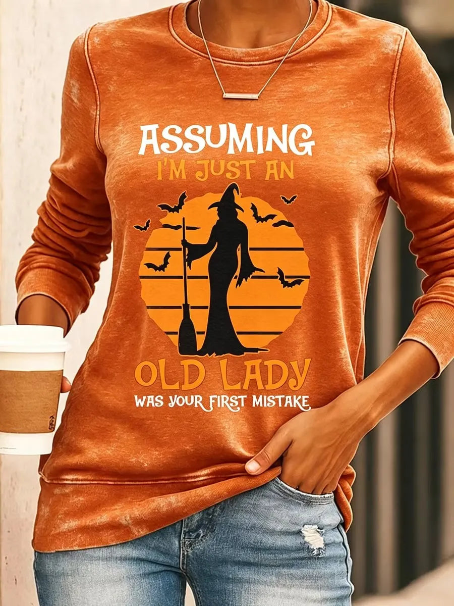 Assuming I'm Just An Old Lady Women's Halloween Print Pattern Casual  Crew Neck Sweatshirt