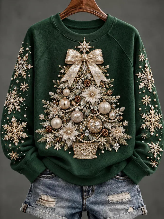 Women's Christmas Tree Sequin-Print Sweatshirt - Hunter Green
