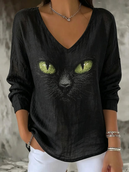 Women's Vintage Black Cat Printed Mid-length Sleeves V-neck T-shirt