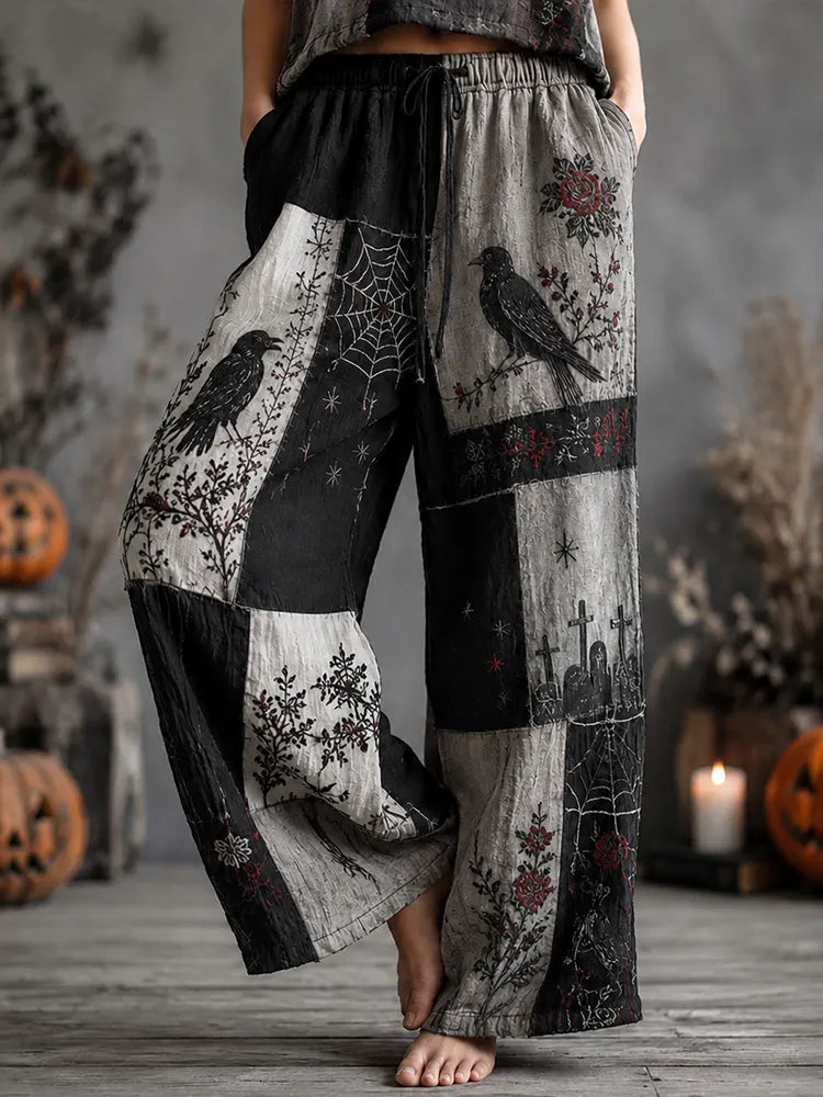 Women's Halloween Rose, Crow, And Spiderweb Color-blocked Cotton Linen Pants