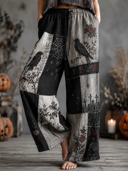Women's Halloween Rose, Crow, And Spiderweb Color-blocked Cotton Linen Pants
