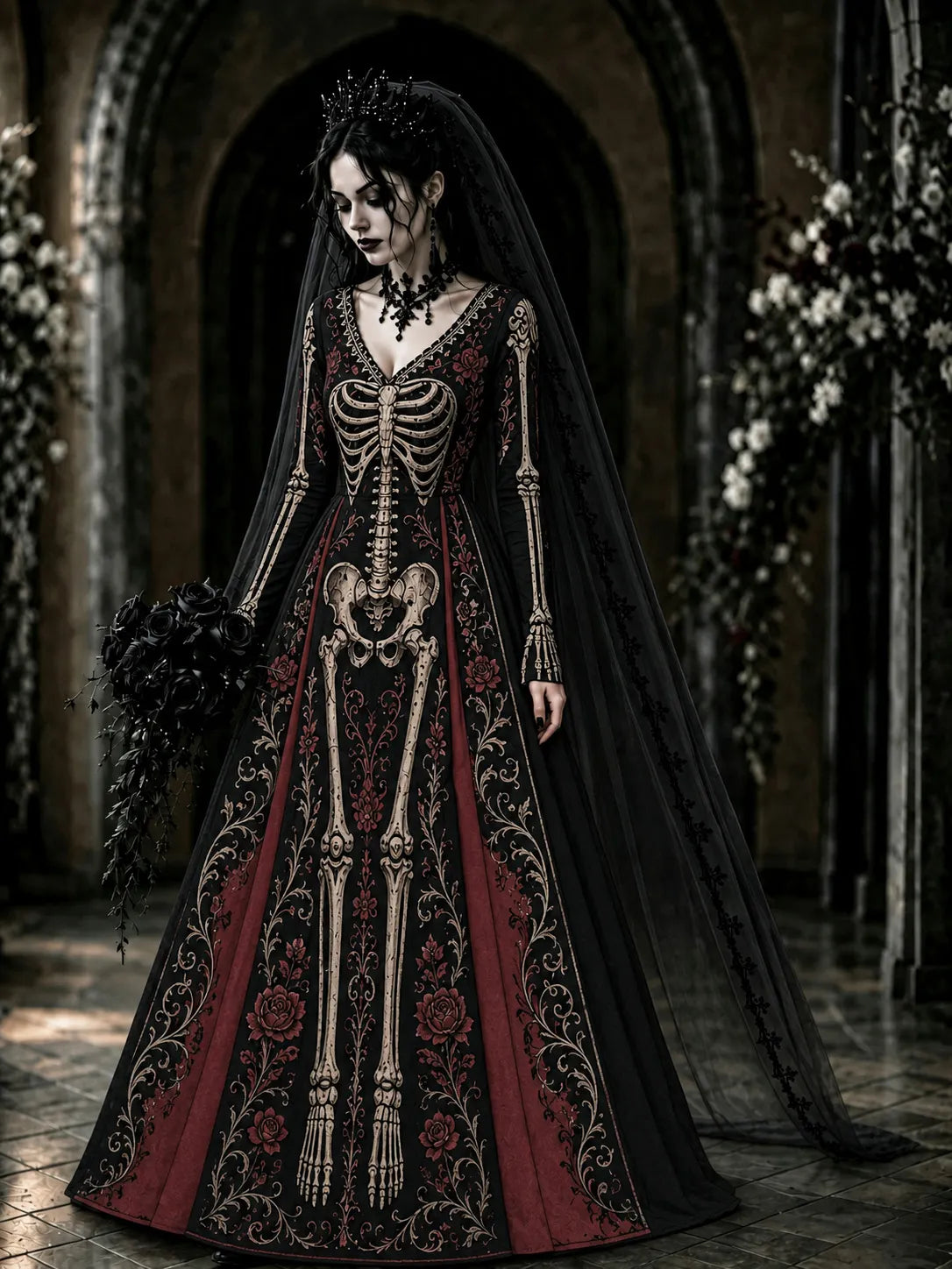 Women's Retro Halloween Gothic Skeleton Rose Floral Art V-neck Maxi Dress