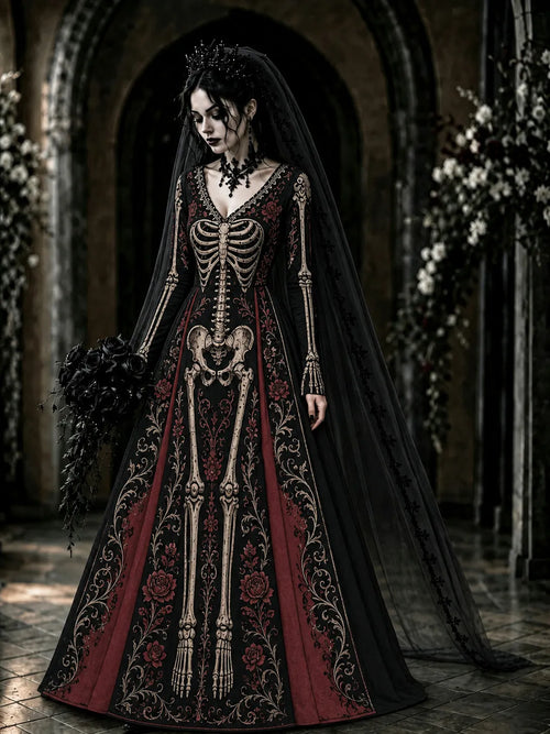Women's Retro Halloween Gothic Skeleton Rose Floral Art V-neck Maxi Dress