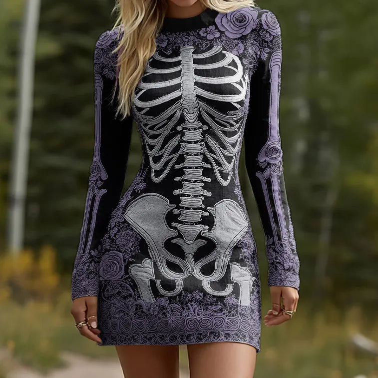 Women's Halloween Skeleton Bones Leather With Rose Pattern Art Hot Sexy Style Cozy Knit Mini Sweater Dress